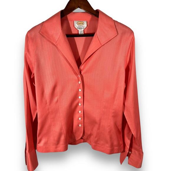 Talbots Blouse Herringbone Button Front Coral Pink Preppy Classic Size 10 - Picture 2 of 10